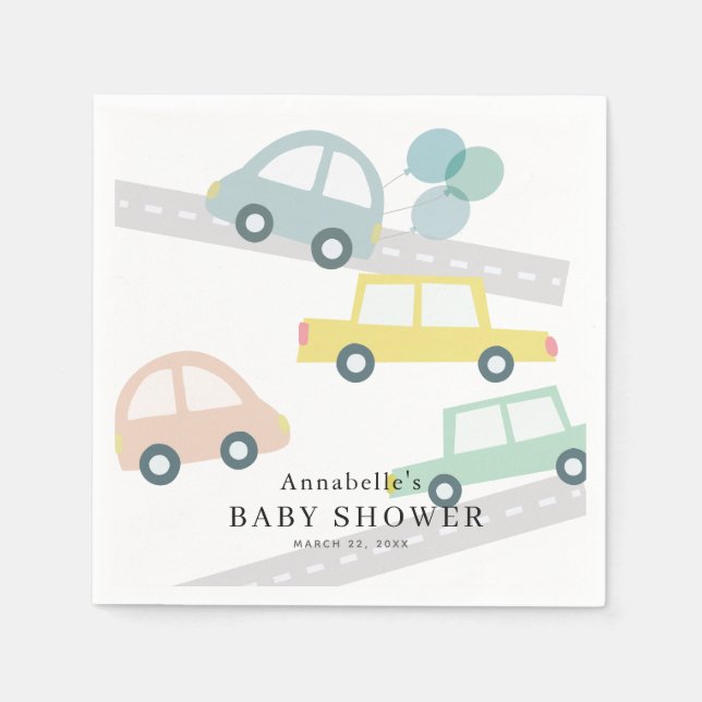 Servilleta De Papel Blue Car Balloons White Boy Baby Shower (Anverso)