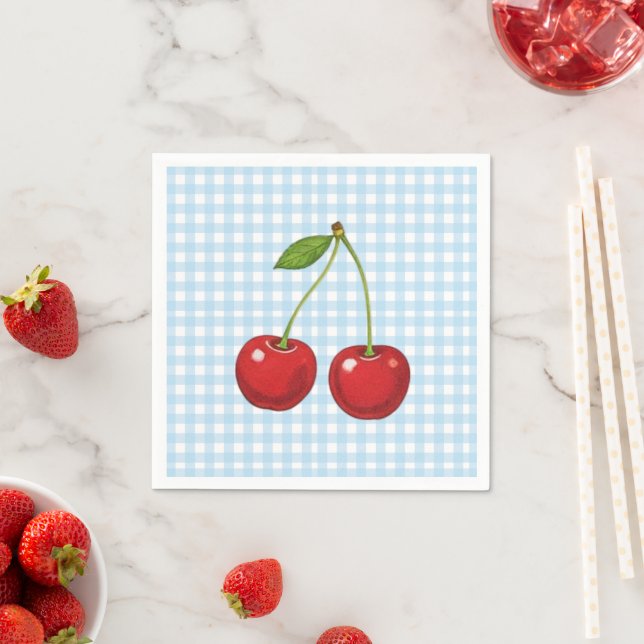Servilleta De Papel Blue Checked Paper Plates with Cherries for Summer (In situ)