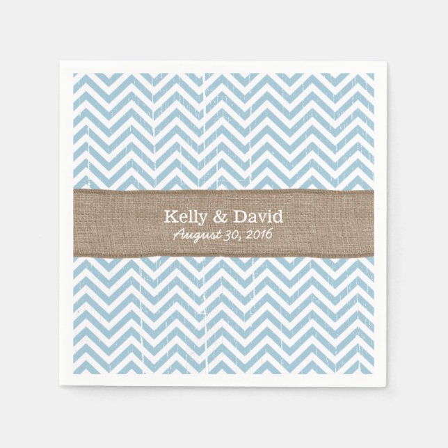 Servilleta De Papel Blue Chevron Stripes Burlap Ribbon Rústico Boda (Anverso)