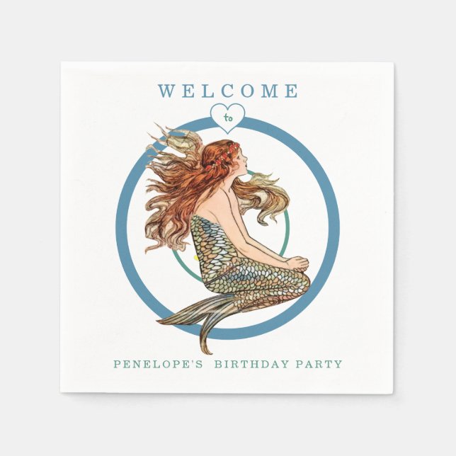 Servilleta De Papel Blue Coral Peach Adorable Mermaid Birday Party (Anverso)