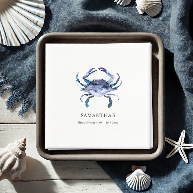 Servilleta De Papel Blue Crab Beach Personalizada Bridal Shower (Bridal shower napkins watercolor blue crab art by Victoria Grigaliunas Do Tell A Belle)