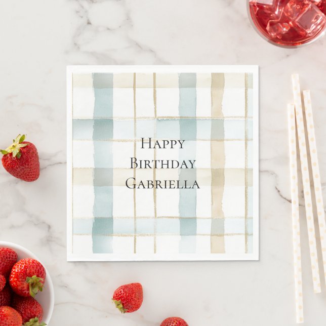 Servilleta De Papel Blue Cream White Plaid Stripes Birthday (In situ)