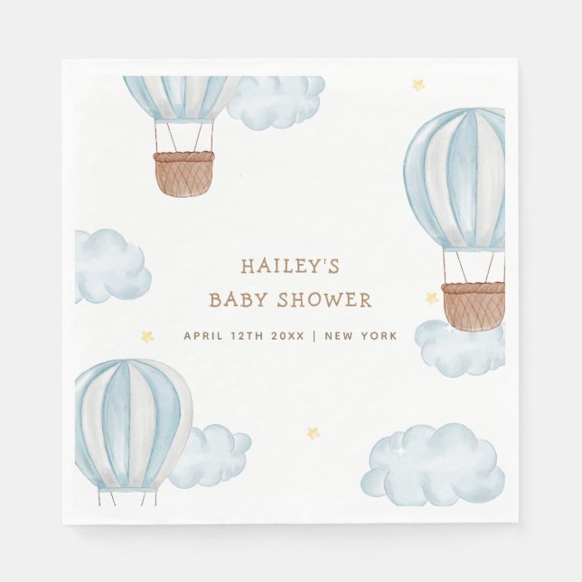 Servilleta De Papel Blue Elegant Hot Air Balloon Cloud Boy Baby Shower (Anverso)
