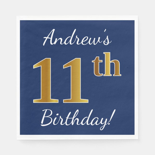 Servilleta De Papel Blue, Faux Gold 11th Birthday + Custom Name (Anverso)