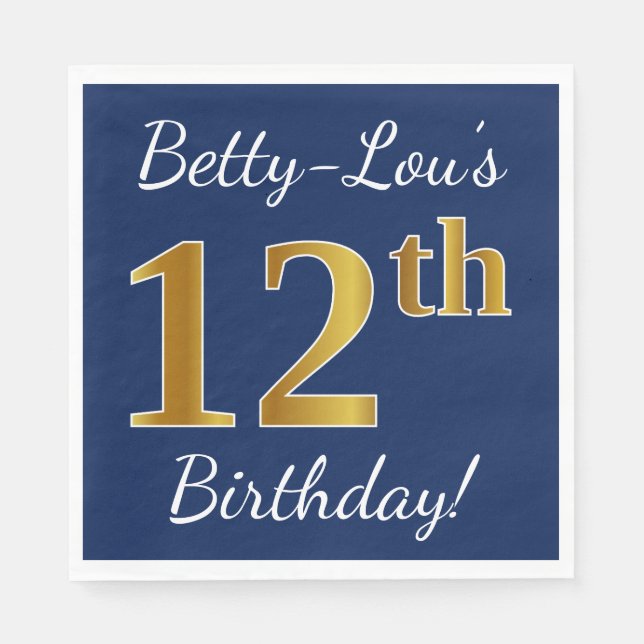 Servilleta De Papel Blue, Faux Gold 12th Birthday + Custom Name (Anverso)