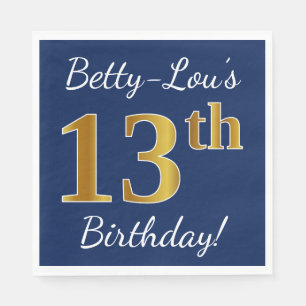 Servilleta De Papel Blue, Faux Gold 13th Birthday + Custom Name
