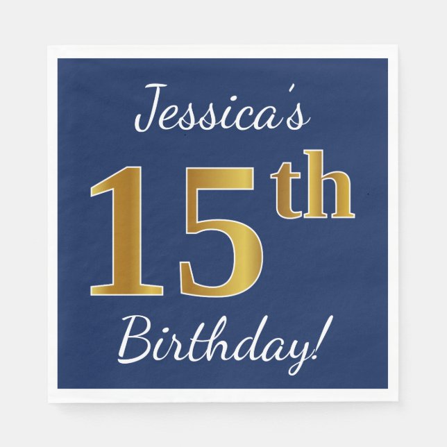 Servilleta De Papel Blue, Faux Gold 15th Birthday + Custom Name (Anverso)