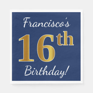Servilleta De Papel Blue, Faux Gold 16th Birthday + Custom Name