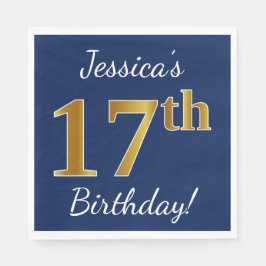 Servilleta De Papel Blue, Faux Gold 17th Birthday + Custom Name
