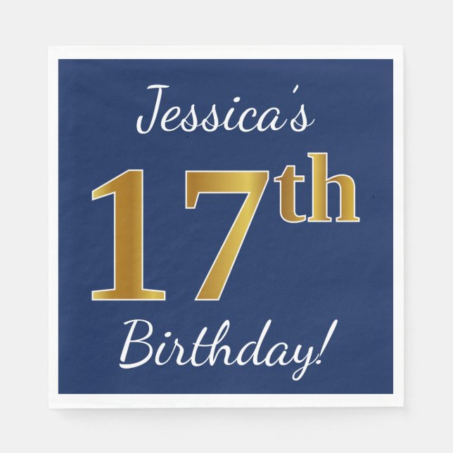 Servilleta De Papel Blue, Faux Gold 17th Birthday + Custom Name (Anverso)