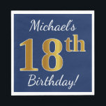Servilleta De Papel Blue, Faux Gold 18th Birthday   Custom Name<br><div class="desc">Este sencillo diseño de servilleta de papel muestra un mensaje como "¡Cumpleaños 18 de Michael!", con el "18" que tiene un aspecto falso de oro, en un fondo de color azul. El nombre se puede personalizar. Se podría usar en una fiesta de cumpleaños para alguien que esté celebrando su decimoctavo...</div>