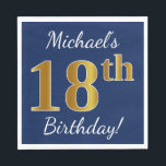 Servilleta De Papel Blue, Faux Gold 18th Birthday   Custom Name<br><div class="desc">Este sencillo diseño de servilleta de papel muestra un mensaje como "¡Cumpleaños 18 de Michael!", con el "18" que tiene un aspecto falso de oro, en un fondo de color azul. El nombre se puede personalizar. Se podría usar en una fiesta de cumpleaños para alguien que esté celebrando su decimoctavo...</div>