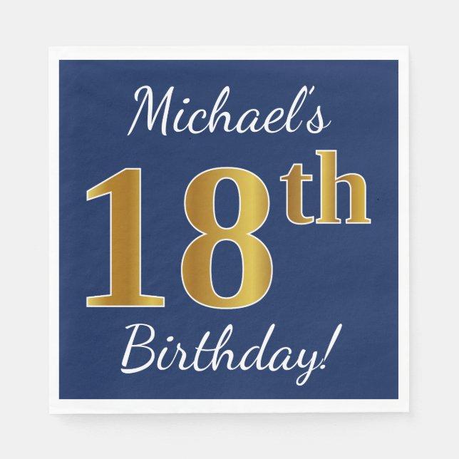 Servilleta De Papel Blue, Faux Gold 18th Birthday + Custom Name (Anverso)