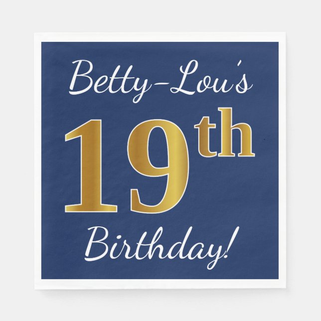 Servilleta De Papel Blue, Faux Gold 19th Birthday + Custom Name (Anverso)