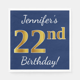Servilleta De Papel Blue, Faux Gold 22nd Birthday + Nombre personaliza