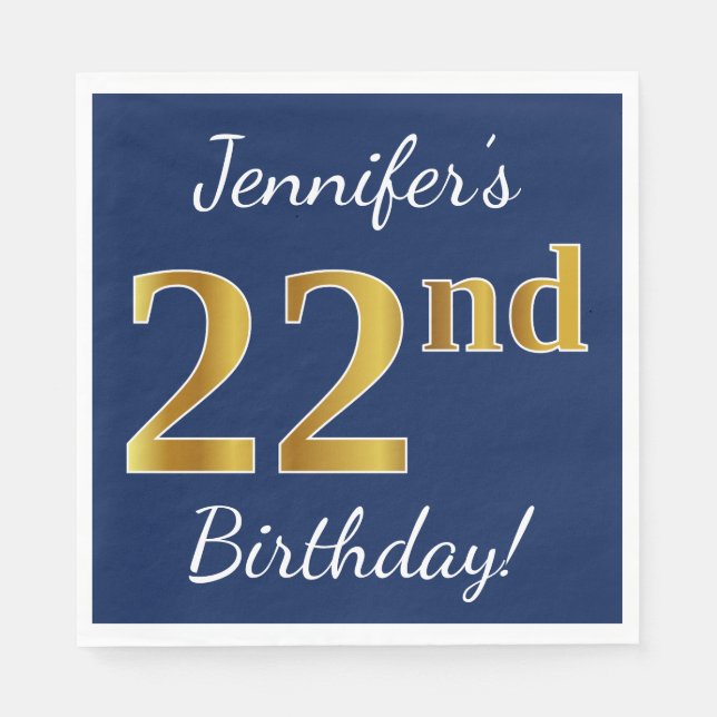 Servilleta De Papel Blue, Faux Gold 22nd Birthday + Nombre personaliza (Anverso)