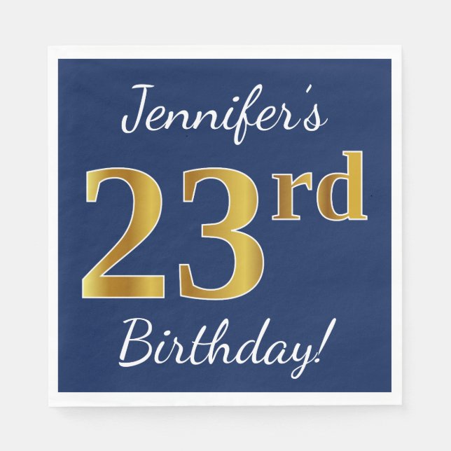 Servilleta De Papel Blue, Faux Gold 23rd Birthday + Custom Name (Anverso)