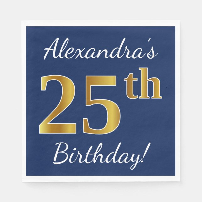 Servilleta De Papel Blue, Faux Gold 25th Birthday + Custom Name (Anverso)