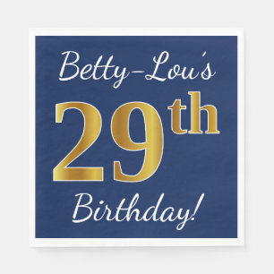 Servilleta De Papel Blue, Faux Gold 29th Birthday + Custom Name