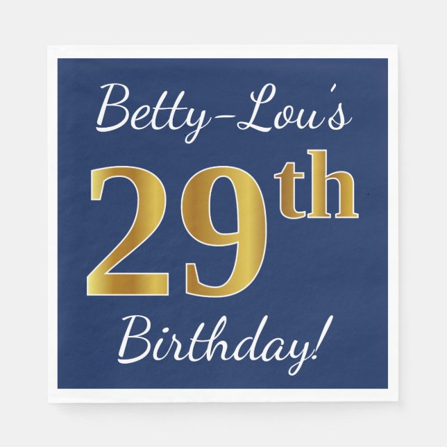 Servilleta De Papel Blue, Faux Gold 29th Birthday + Custom Name (Anverso)