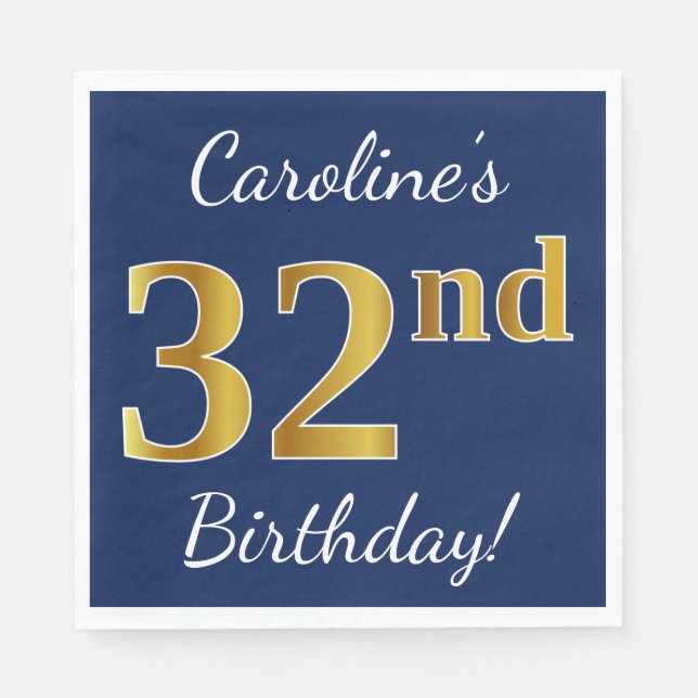 Servilleta De Papel Blue, Faux Gold 32nd Birthday + Nombre personaliza (Anverso)