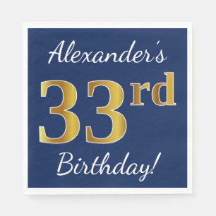 Servilleta De Papel Blue, Faux Gold 33rd Birthday + Custom Name