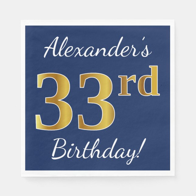 Servilleta De Papel Blue, Faux Gold 33rd Birthday + Custom Name (Anverso)