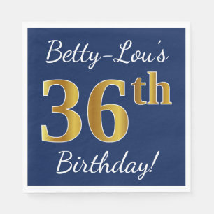Servilleta De Papel Blue, Faux Gold 36th Birthday + Custom Name