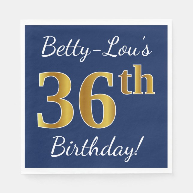 Servilleta De Papel Blue, Faux Gold 36th Birthday + Custom Name (Anverso)