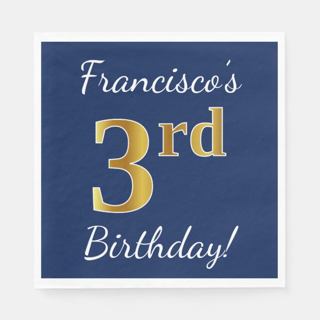 Servilleta De Papel Blue, Faux Gold 3Birthday + Nombre personalizado (Anverso)