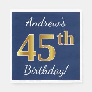 Servilleta De Papel Blue, Faux Gold 45th Birthday + Custom Name