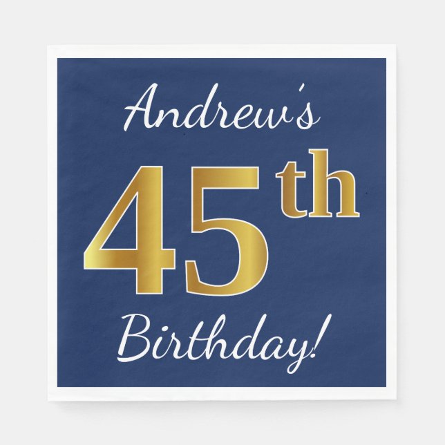 Servilleta De Papel Blue, Faux Gold 45th Birthday + Custom Name (Anverso)
