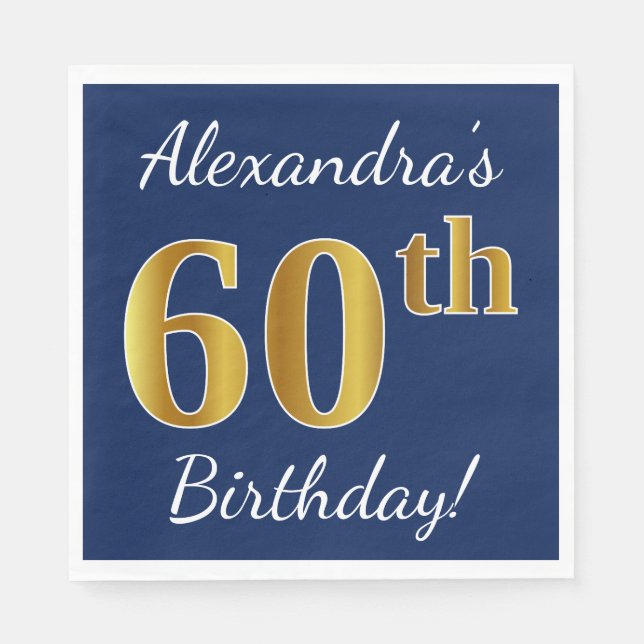 Servilleta De Papel Blue, Faux Gold 60th Birthday + Custom Name (Anverso)