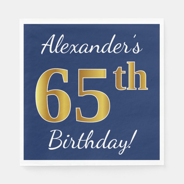 Servilleta De Papel Blue, Faux Gold 65th Birthday + Custom Name (Anverso)