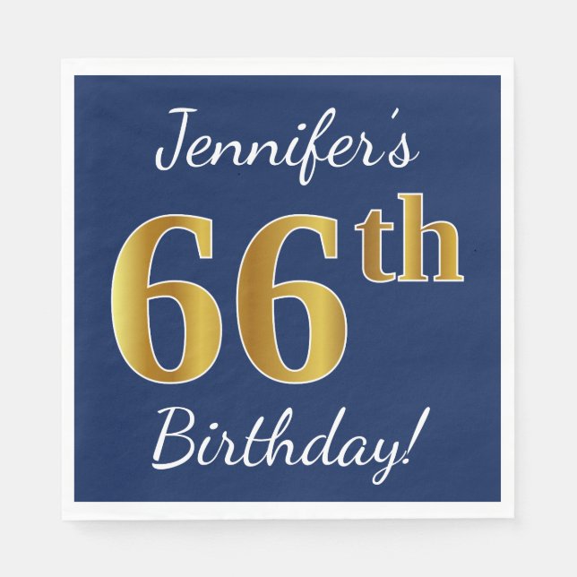 Servilleta De Papel Blue, Faux Gold 66th Birthday + Custom Name (Anverso)