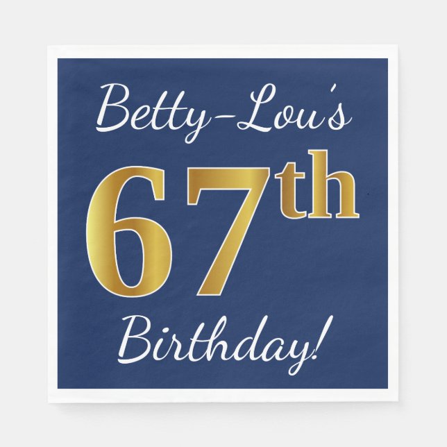 Servilleta De Papel Blue, Faux Gold 67th Birthday + Custom Name (Anverso)