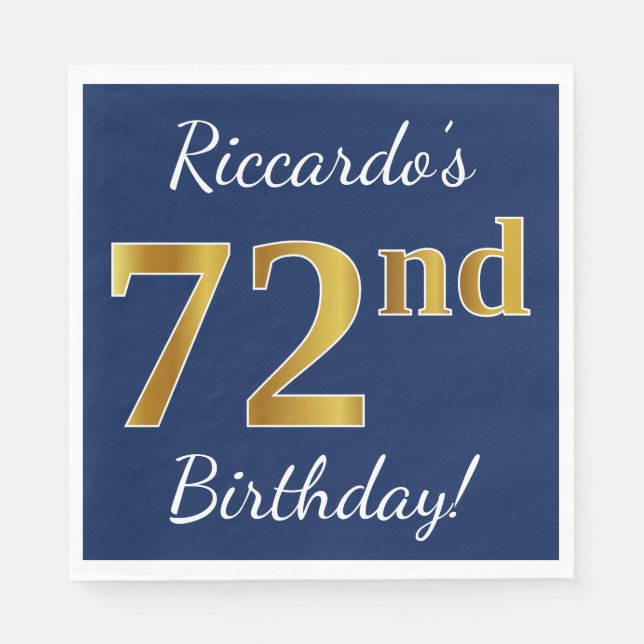 Servilleta De Papel Blue, Faux Gold 72nd Birthday + Nombre personaliza (Anverso)