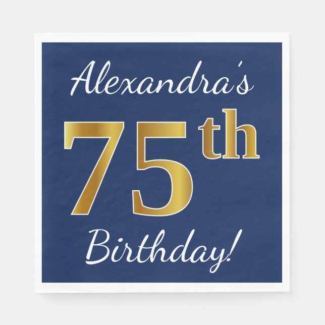 Servilleta De Papel Blue, Faux Gold 75th Birthday + Custom Name (Anverso)