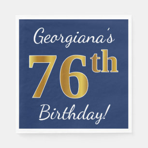 Servilleta De Papel Blue, Faux Gold 76th Birthday + Custom Name