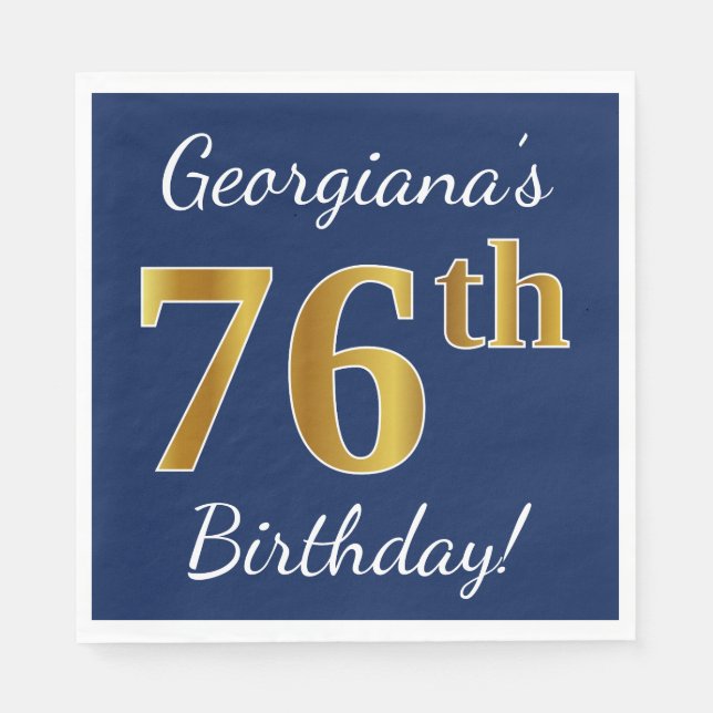 Servilleta De Papel Blue, Faux Gold 76th Birthday + Custom Name (Anverso)