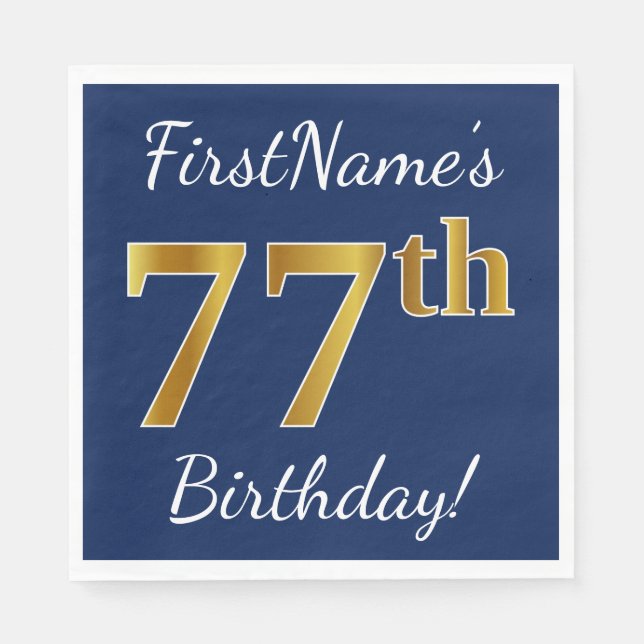 Servilleta De Papel Blue, Faux Gold 77th Birthday + Custom Name (Anverso)