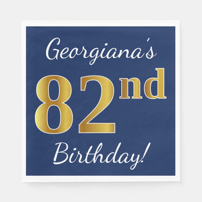 Servilleta De Papel Blue, Faux Gold 82nd Birthday + Nombre personaliza (Anverso)