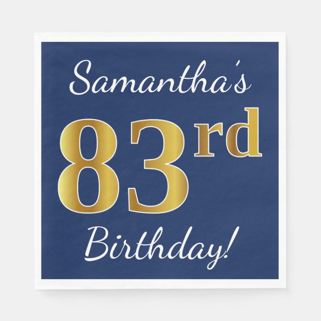 Servilleta De Papel Blue, Faux Gold 83rd Birthday + Custom Name (Anverso)