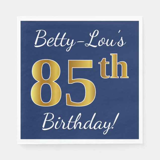 Servilleta De Papel Blue, Faux Gold 85th Birthday + Custom Name (Anverso)
