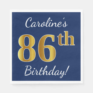 Servilleta De Papel Blue, Faux Gold 86th Birthday + Custom Name