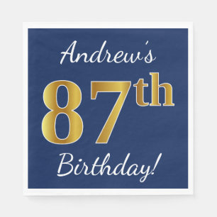 Servilleta De Papel Blue, Faux Gold 87th Birthday + Custom Name