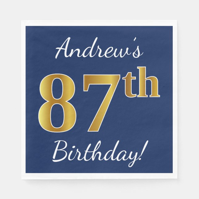 Servilleta De Papel Blue, Faux Gold 87th Birthday + Custom Name (Anverso)