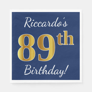 Servilleta De Papel Blue, Faux Gold 89th Birthday + Custom Name