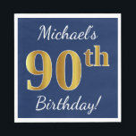 Servilleta De Papel Blue, Faux Gold 90th Birthday   Custom Name<br><div class="desc">Este sencillo diseño de servilletas de papel muestra un mensaje como "¡Cumpleaños 90 de Michael!", con el "90" en un falso aspecto dorado, en un fondo de color azul. El nombre se puede personalizar. Se podría usar en una fiesta de cumpleaños para alguien que esté celebrando su cumpleaños número noventa....</div>