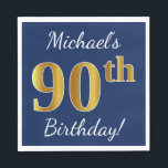 Servilleta De Papel Blue, Faux Gold 90th Birthday   Custom Name<br><div class="desc">Este sencillo diseño de servilletas de papel muestra un mensaje como "¡Cumpleaños 90 de Michael!", con el "90" en un falso aspecto dorado, en un fondo de color azul. El nombre se puede personalizar. Se podría usar en una fiesta de cumpleaños para alguien que esté celebrando su cumpleaños número noventa....</div>